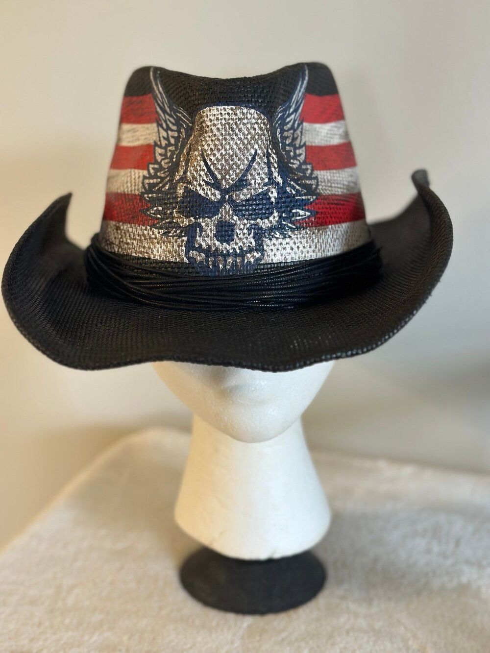 American Cowboy Hat Cowgirl Unisex Saddleback Flag Patriotic Refurb w Leather
